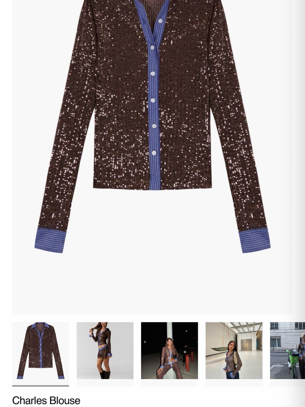 Hand Over Charlies Blouse - Brown Sequin Button-Up Blouse with Blue Trim size L